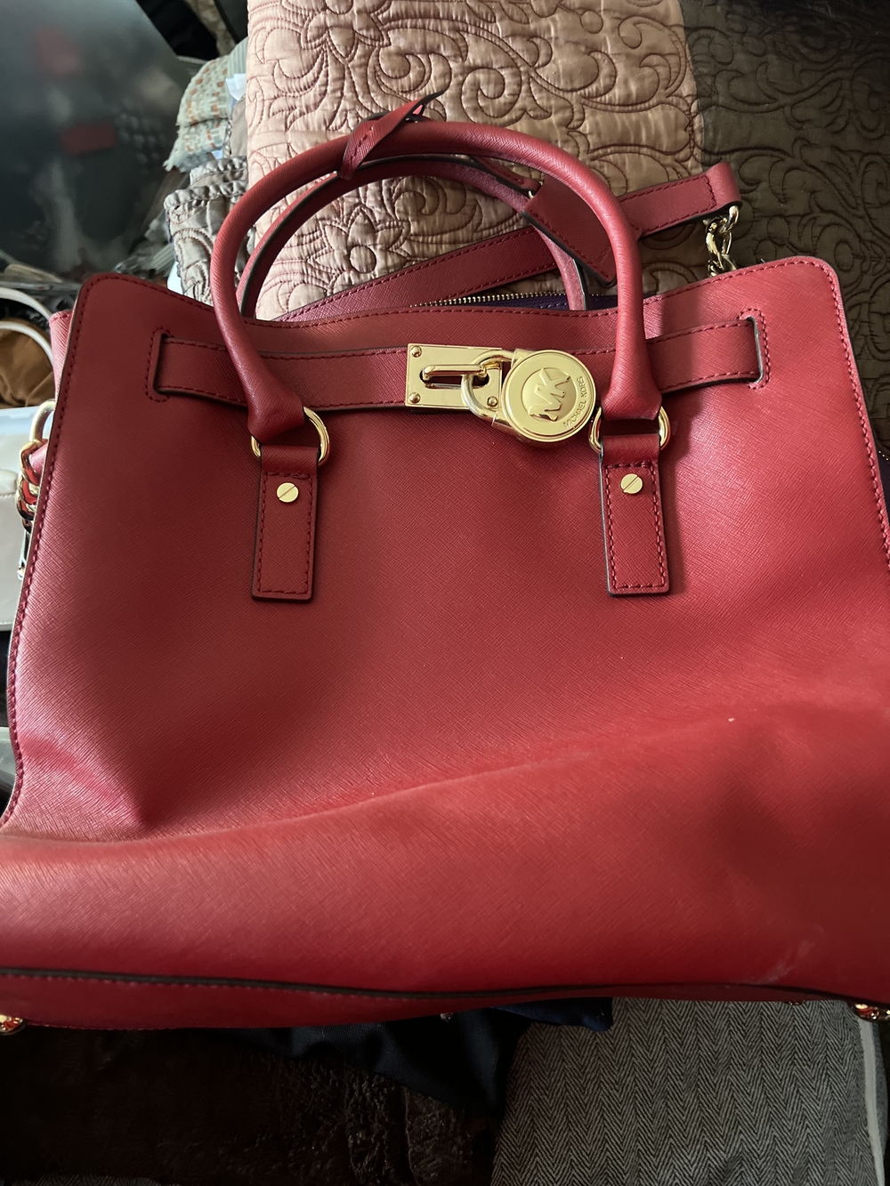 Michael Kors Red Saffiano Leather Satchel with Gold Hardware